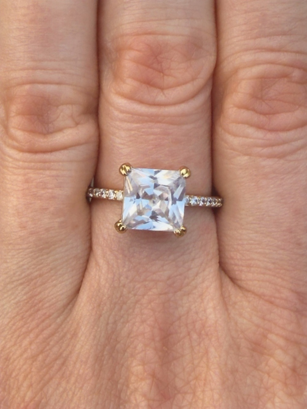 Princess Cut Ring | Gold Tone Pavé Band | Size 7.25
